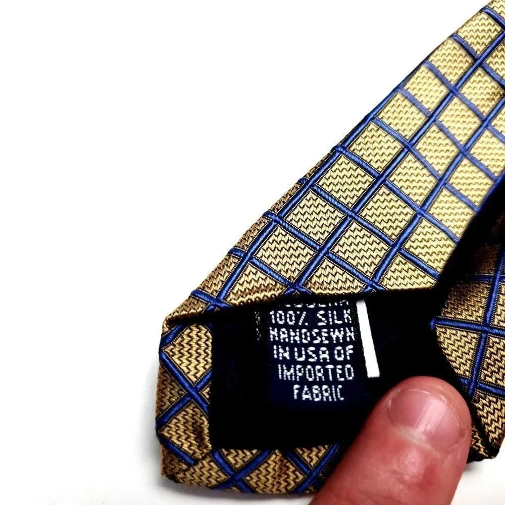 Lands End‎ Silk Tie Gold Blue Woven Geometric USA